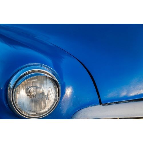 Detail of front end headlight on a classic blue American car in Vieja-old Habana-Havana-Cuba